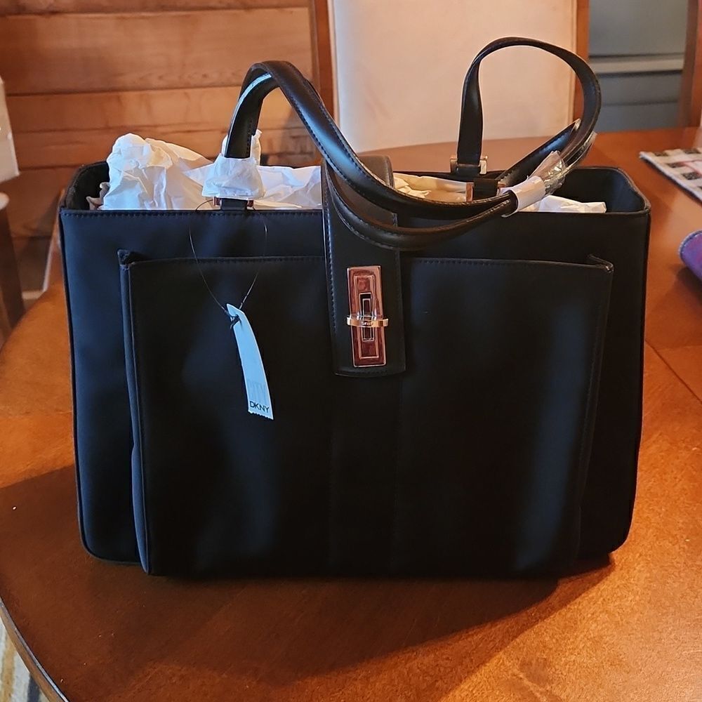DKNY Fabric Medium Travel Tote Tablet Ipad Bag Purse, Black & Silver Closure